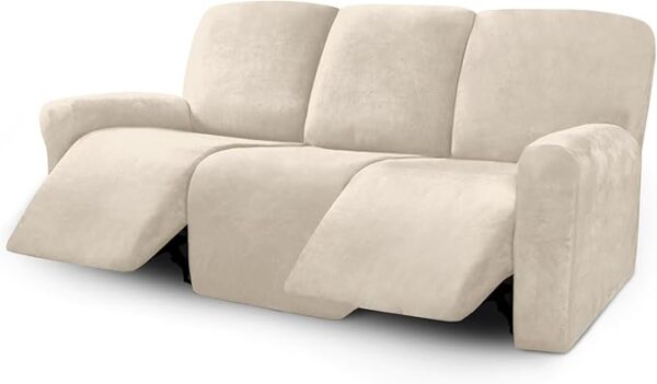 ULTICOR Velvet 8-Pieces Recliner Sofa Covers Stretch Reclining Couch Covers for 3 Cushion Reclining Sofa Slipcovers Furniture Covers Thick Soft Washable (3 Seater Recliner Cover, Ivory)