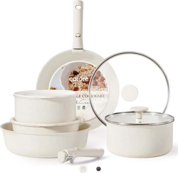 CAROTE 11pcs Pots and Pans Set, Nonstick Cookware Detachable/Removable Handle, Induction RV Kitchen Set, Oven Safe, Cream White