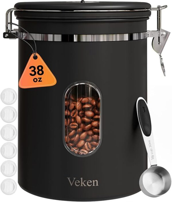 Veken 38oz Large Coffee Canister with Window, Airtight Stainless Steel, Kitchen Food Storage Container with Lids, Date Tracker and Scoop, Grounds Coffee Beans, Tea, Flour, Cereal, Sugar Jars, Black