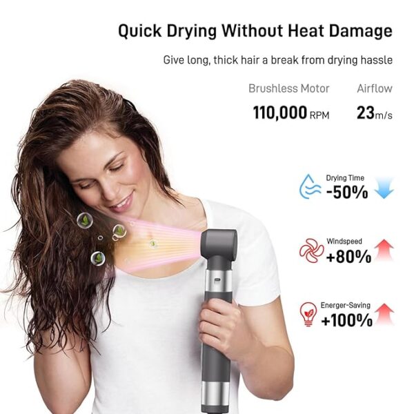 5 in 1 Hair Air Styler - Rotating Brush 110,000 RPM for Fast Drying, Automatic Wrap Curlers for Curling, Frizz-Free Styling Brush for Straightening and Volumizing with No Heat Damage (Gray) - Image 5