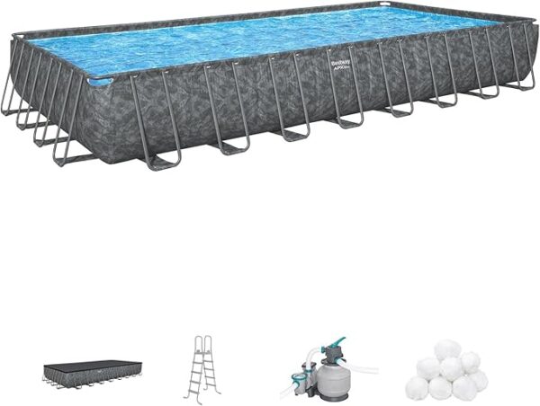 Bestway APX 365 Rectangular Swimming Pool Above Ground Outdoor Backyard Framed Pool Set with Sand Filter Pump, Ladder, and Cover, 31'4" x 16' x 52"