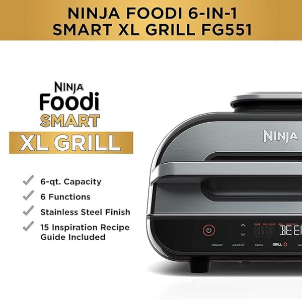 Ninja Indoor Grill, Foodi Smart XL 6-in-1 Indoor Grill with Air Fry, Roast, Bake, Broil & Dehydrate, Smart Thermometer, Black/Silver, FG551 - Image 2