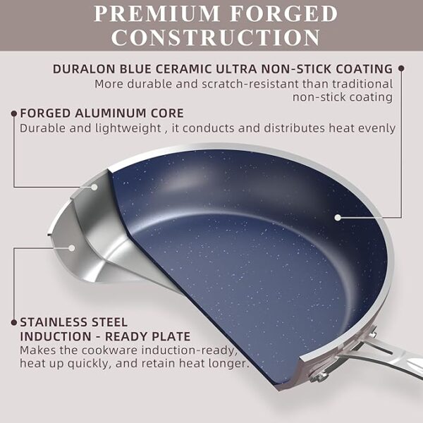 Nuwave Healthy Duralon Blue Ceramic Nonstick Cookware Set, Diamond Infused Scratch-Resistant, PFAS Free, Dishwasher & Oven Safe, Induction Ready & Evenly Heats, Tempered Glass Lids & Stay-Cool Handles - Image 4