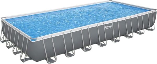 Bestway 31' 4" x 16' x 52" Power Steel Rectangular Frame Above Ground Swimming Pool with Sand Filter Pump, Cover, Ladder, and Chemical Floater, Gray