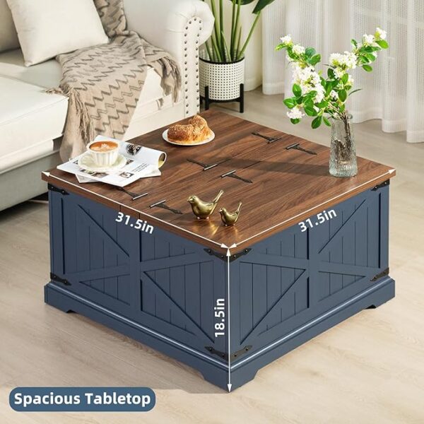 Farmhouse Coffee Table with Large Hidden Storage Compartment, Navy Blue Square Center Table, Wood Rustic Low Modern Living Room Tables with Hinged Lift Brown Top & Wooden Arc Base - Image 6
