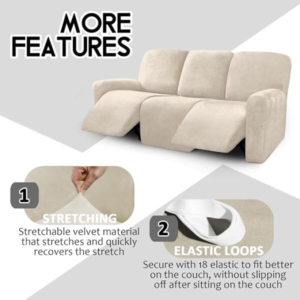 ULTICOR Velvet 8-Pieces Recliner Sofa Covers Stretch Reclining Couch Covers for 3 Cushion Reclining Sofa Slipcovers Furniture Covers Thick Soft Washable (3 Seater Recliner Cover, Ivory) - Image 6