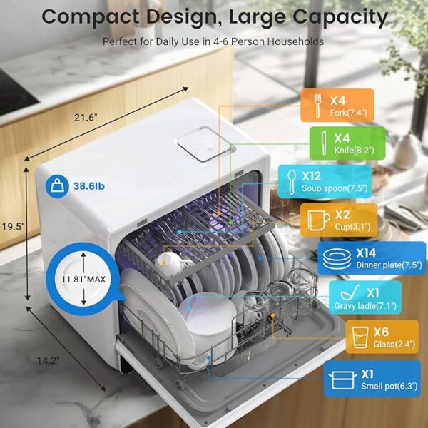 BLITZHOME Countertop Portable Mini Dishwasher, 9 Programs,167℉ High-Temp, Hot Air Drying, Air Refresh, 360° 3 Spray, 24H Timing, LED Light, 5.2L Built-in Water Tank for Apartments RVs - Image 6