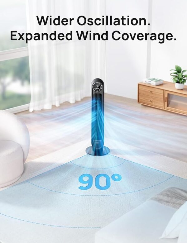 Dreo Tower Fan for Bedroom, 25ft/s Velocity 28dB Quiet Floor Fan, 90° Oscillating Fans for Indoors with 4 Speeds, 4 Modes, 8H Timer, Bladeless Standing Fan, Black, Nomad One (DR-HTF007) - Image 2