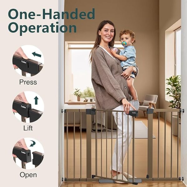 Cumbor 29.7-51.5" Baby Gates for Doorways Extra Wide, Safety Dog Gate for Stairs, Easy Walk Thru Auto Close Pet Gates for The House, Child Gate Includes 4 Wall Cups, Brown, Mom's Choice Awards Winner - Image 3