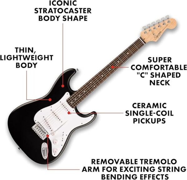 Fender Squier Debut Series Stratocaster Electric Guitar Kit, Beginner Guitar Kit, with 2-Year Warranty, with Padded Gig Bag, Frontman 10G Amp, Strap, and More, Includes Free Lessons, Black - Image 2
