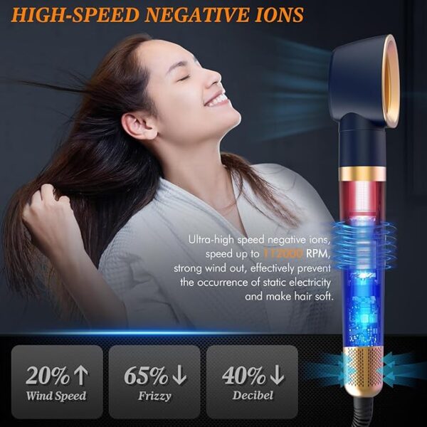 6-in-1 Hair Dryer Brush & Curling Iron Set, Hot Air Styler Hair Curler for Fast Drying, Smoothing & Volumizing, No Heat Damage, Professional Blowout Tool with Travel Case - Prussian Blue - Image 3