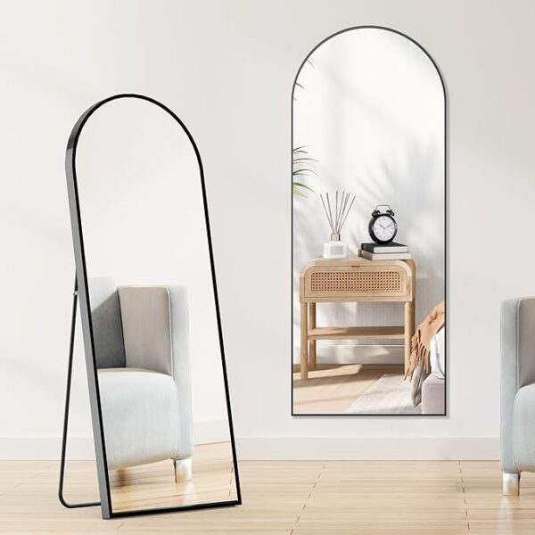 Sweetcrispy 64"x21" Arched Full Length Mirror, Standing or Leaning Full Body Mirror with Aluminum Alloy Thin Frame, Suitable for Bedroom or Cloakroom,Black - Image 2