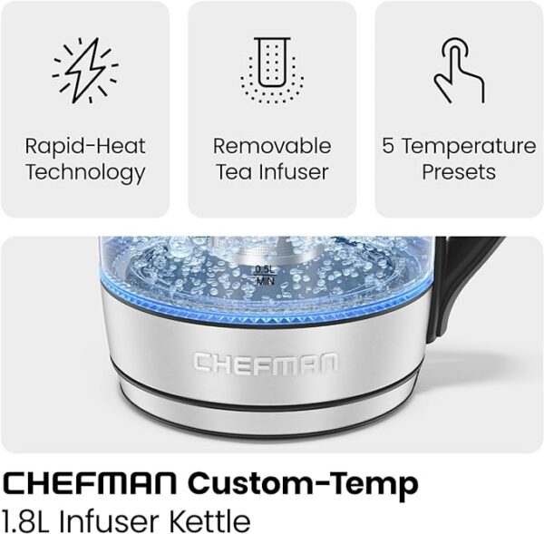 Chefman Electric Kettle with Temperature Control, 5 Presets LED Indicator Lights, Removable Tea Infuser, Glass Tea Kettle & Hot Water Boiler, 360° Swivel Base, BPA Free, Stainless Steel, 1.8 Liters - Image 4