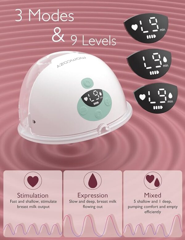 Momcozy Breast Pump Hands Free M5, Wearable Breast Pump of Baby Mouth Double-Sealed Flange with 3 Modes & 9 Levels, Electric Breast Pump Portable - 24mm, 2 Pack Mint - Image 6