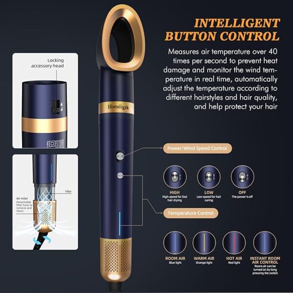 6-in-1 Hair Dryer Brush & Curling Iron Set, Hot Air Styler Hair Curler for Fast Drying, Smoothing & Volumizing, No Heat Damage, Professional Blowout Tool with Travel Case - Prussian Blue - Image 2