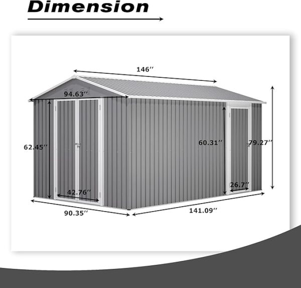 8×12 FT Storage Shed with 2 Lockable Doors and Vents,Metal Aluminum Waterproof Tool Sheds,Heavy-Duty Sheds Unit W/Floor Frame,Lock&Key,Garden Shed for Storing Bicycles,Barbeques,Gray - Image 2