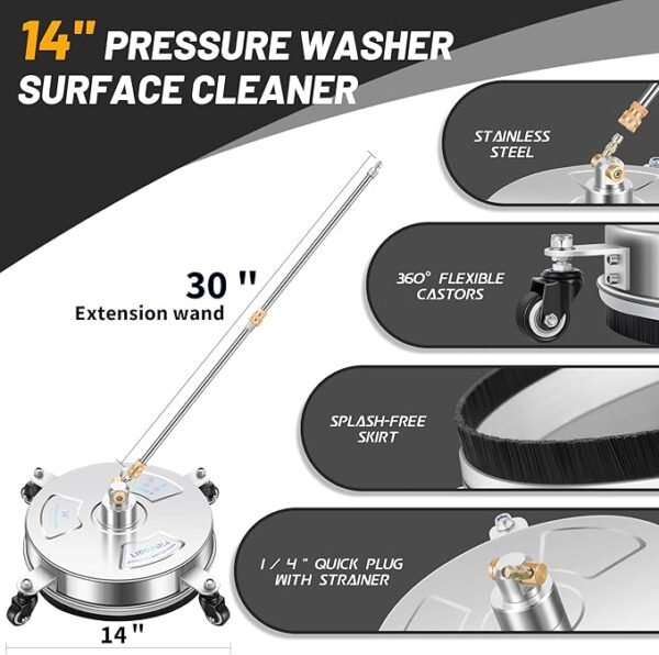 14" Pressure Washer Surface Cleaner with 4 Wheels - Stainless Steel Surface Cleaner for Pressure Washer Attachment for Concrete, Patio, Sidewalk, Deck and Driveways - PWS14 - Image 6