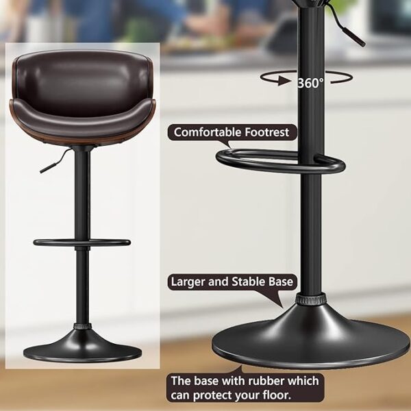 Bar Stools Set of 4, Modern Pu Leather Swivel Adjustable Bar Stool Counter Height Stool Set, Bar Chair with Back and Footrest for Kitchen, Dining Room, Brown - Image 2