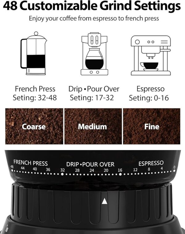 Aromaster Conical Burr Coffee Grinder Electric,Coffee Bean Grinder with 48 Gind Settings for Home Use,40 Seconds Adjustable Timer,Stainless Steel,Anti-static,Beige - Image 5