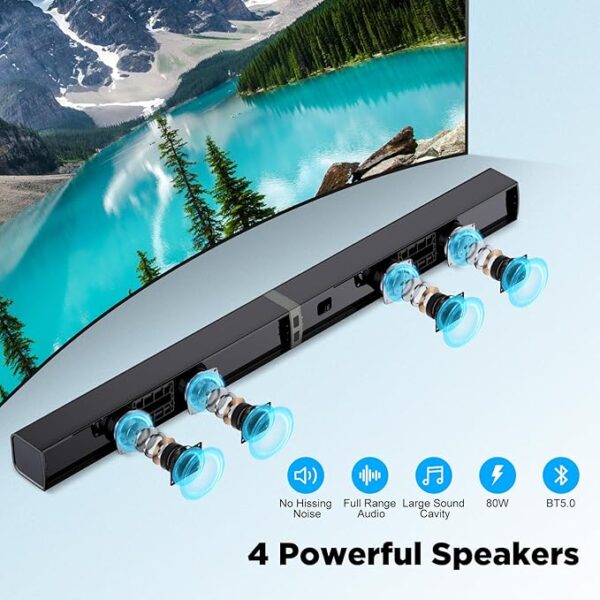 MZEIBO Sound Bar for Smart TV, 80W Bluetooth Soundbar 2 in 1 Detachable Design, Deep Bass, Home Theater Surround Sound, ARC/Optical/AUX Connections for TV/PC/Gaming/Projectors - Image 6