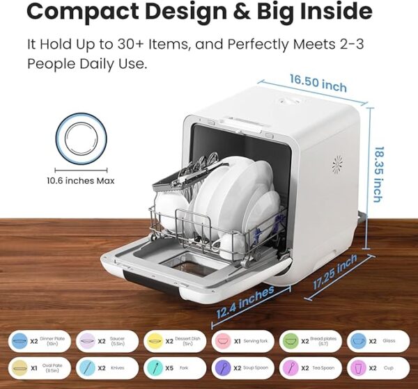 COMFEE' Countertop Dishwasher, Portable Dishwasher with 6L Built-in Water Tank, Mini Dishwasher with More Space Inside, 7 Programs, UV Hygiene& Auto Door Open, for Apartments, Dorms& RVs, White - Image 3