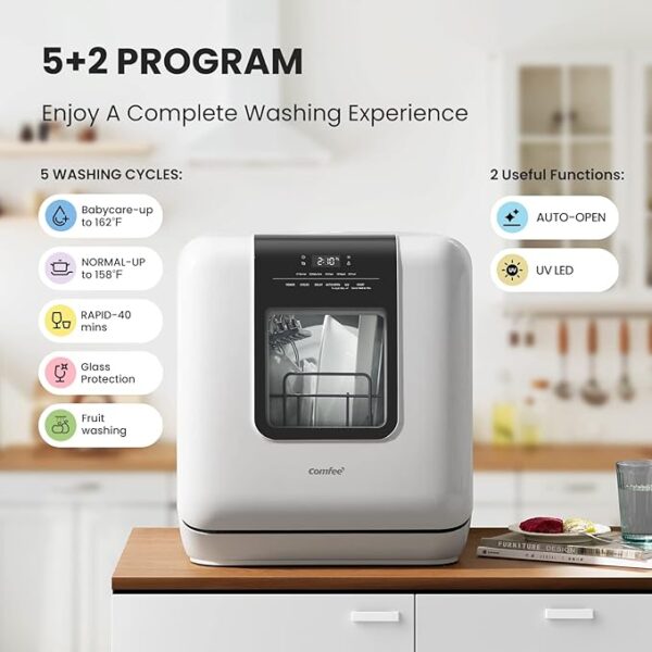 COMFEE' Countertop Dishwasher, Portable Dishwasher with 6L Built-in Water Tank, Mini Dishwasher with More Space Inside, 7 Programs, UV Hygiene& Auto Door Open, for Apartments, Dorms& RVs, White - Image 2