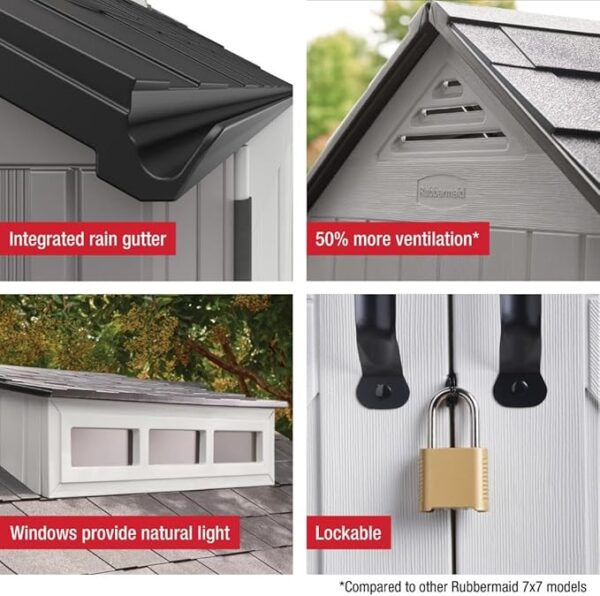 Rubbermaid Resin Outdoor Storage Shed With Floor (7 x 7 Ft), Weather Resistant, Gray, Organization for Home/Backyard/Garden Tools/Lawn Mower/Bike Storage/Pool Supplies - Image 2