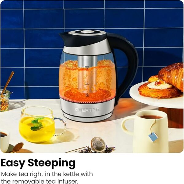 Chefman Electric Kettle with Temperature Control, 5 Presets LED Indicator Lights, Removable Tea Infuser, Glass Tea Kettle & Hot Water Boiler, 360° Swivel Base, BPA Free, Stainless Steel, 1.8 Liters - Image 3