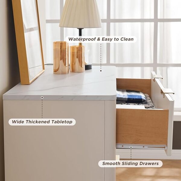 T4TREAM Fluted 5 Drawers Dresser, 48" Tall Modern Chest of Drawers with Faux Marble Top, Curved Profile Design, Wood Drawer Organizer for Bedroom, Living Room, Hallway, Entryway, Solid White - Image 3
