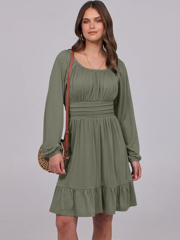 ANRABESS Womens Dress Long Lantern Sleeve Square Neck Elastic Waist Ruffle Flowy Swing A-Line Short Dresses Fall Fashion - Image 6