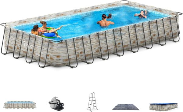 EVAJOY 32ft x 16ft x 52in Metal Frame Swimming Pool Set, Rectangular Above Ground Pool Cover with Sand Filter Pump, Pool Ladder, Ground Cloth for Backyard, Garden, PVC, Blue
