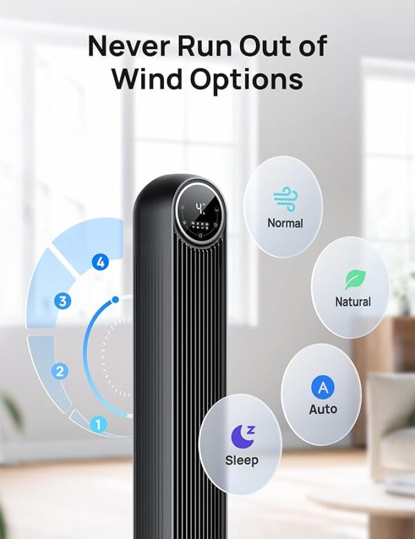 Dreo Tower Fan for Bedroom, 25ft/s Velocity 28dB Quiet Floor Fan, 90° Oscillating Fans for Indoors with 4 Speeds, 4 Modes, 8H Timer, Bladeless Standing Fan, Black, Nomad One (DR-HTF007) - Image 6
