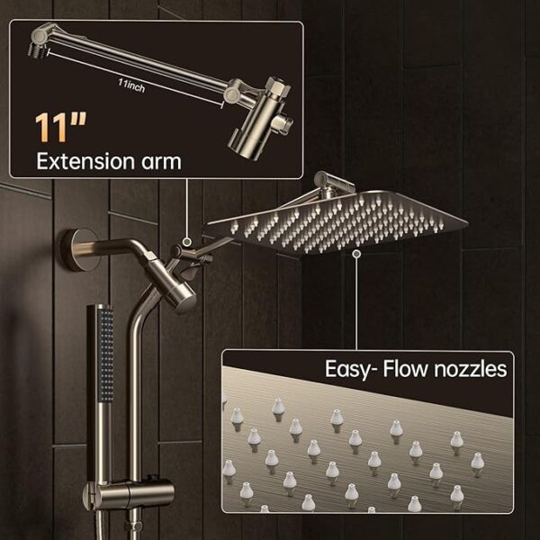 Veken Brushed Nickel Shower Head, 10'' All Metal Rain Shower Heads with Handheld Spray Combo, Hand Held Bathroom Combo with Extension Arm, Dual shower with Power Wash, Adjustable Rainfall Showerhead - Image 2