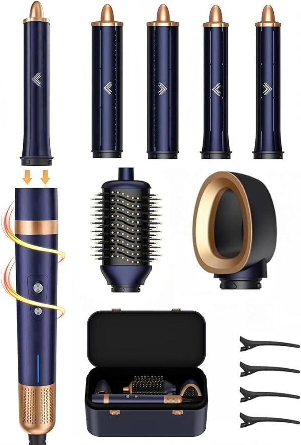T-GOGO Hair Dryer Brush Professional: 6 in 1 Hot Air Hair Styler & Dryer Set, Powerful Hair Air Curling Iron High-Speed Negative Ionic Blow Dryer, Auto-Wrap, No Heat Damage (Dark Blue)