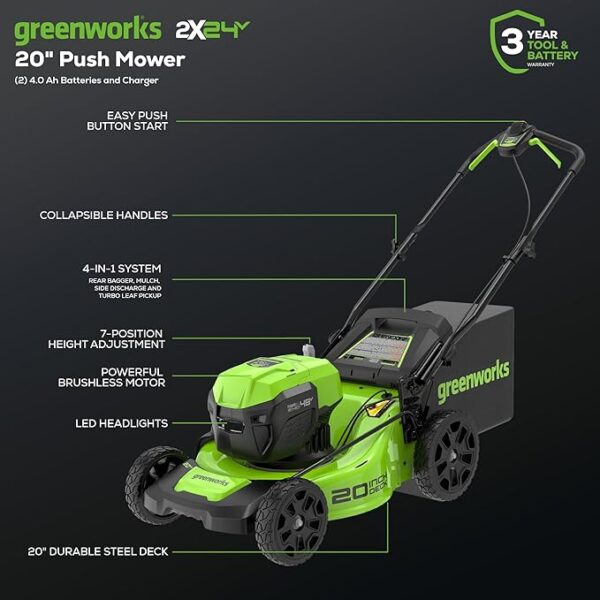 Greenworks 48V (2x24V) 20" Brushless Mower+12" String Trimmer +320CFM Blower,(2) 4.0Ah Batteries and 4A Dual Port Charger - Image 4