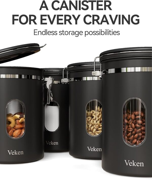 Veken 38oz Large Coffee Canister with Window, Airtight Stainless Steel, Kitchen Food Storage Container with Lids, Date Tracker and Scoop, Grounds Coffee Beans, Tea, Flour, Cereal, Sugar Jars, Black - Image 4