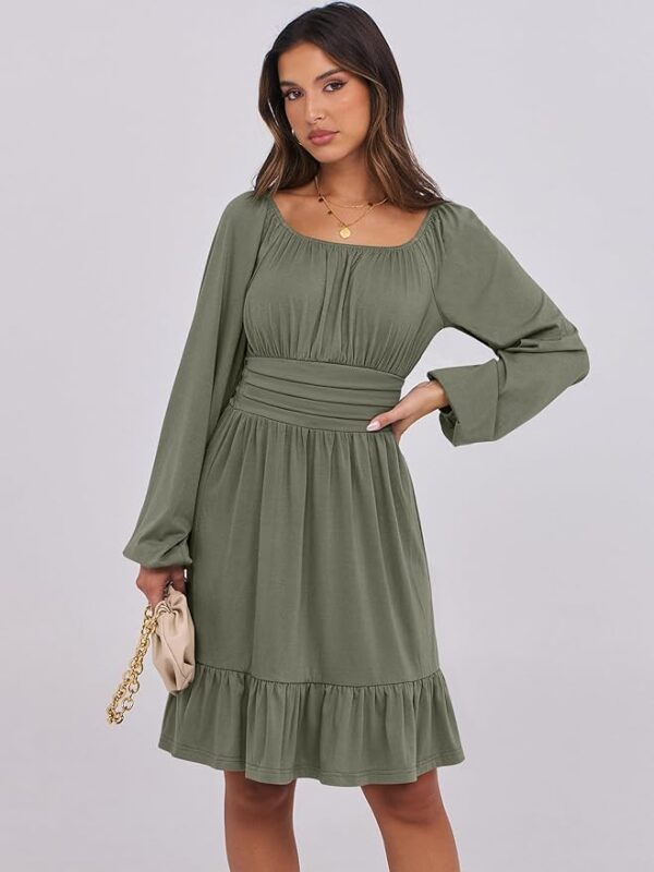 ANRABESS Womens Dress Long Lantern Sleeve Square Neck Elastic Waist Ruffle Flowy Swing A-Line Short Dresses Fall Fashion - Image 2