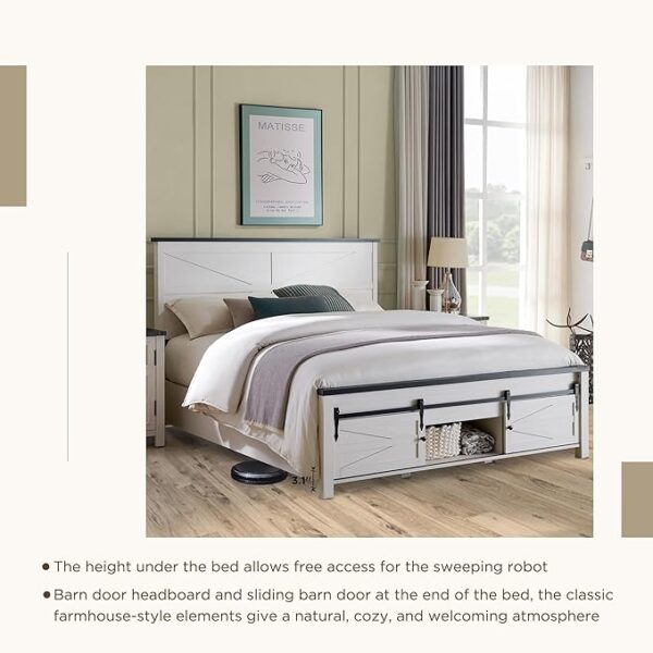 JXQTLINGMU King Farmhouse Wood Bed Frame with Sliding Barn Door Storage Cabinets, Solid Wood Slats Support, Noiseless, No Box Spring Needed, Antique White - Image 6