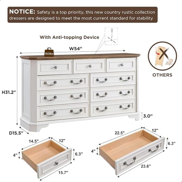 T4TREAM Farmhouse 9 Drawers Dresser for Bedroom, 54" Wide Wood Rustic Chest of Drawers with Natural Texture, Vintage Design, Storage Dressers Organizer for Bedroom, Living Room, Antique White - Image 5