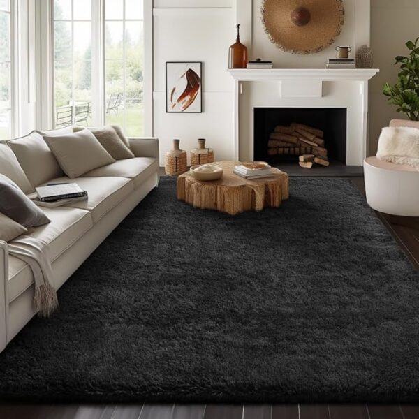 Ophanie Upgrade 8x10 Rugs for Living Room, Black, Fluffy Shaggy Soft Area Rug, Black Non-Slip Indoor Floor Carpet for Bedroom, Kids Baby Boys Teen Dorm Home Decor Aesthetic, Nursery