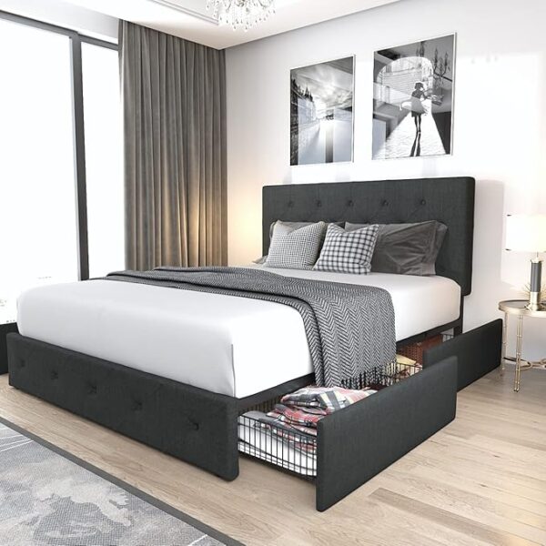Allewie Upholstered Queen Size Platform Bed Frame with 4 Storage Drawers and Headboard, Diamond Stitched Button Tufted, Mattress Foundation with Wooden Slats Support, No Box Spring Needed, Dark Grey - Image 5