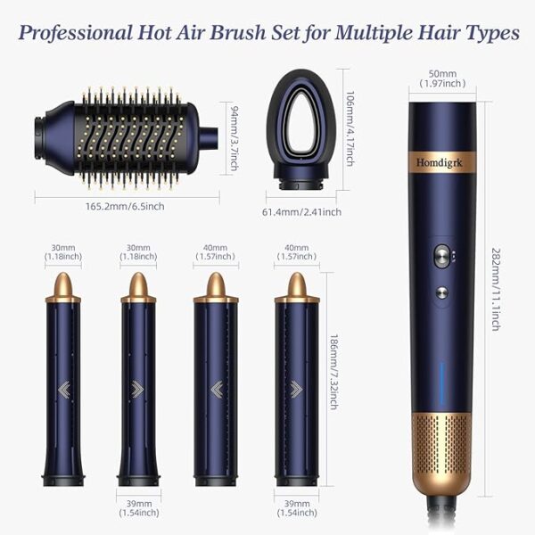 6-in-1 Hair Dryer Brush & Curling Iron Set, Hot Air Styler Hair Curler for Fast Drying, Smoothing & Volumizing, No Heat Damage, Professional Blowout Tool with Travel Case - Prussian Blue - Image 6