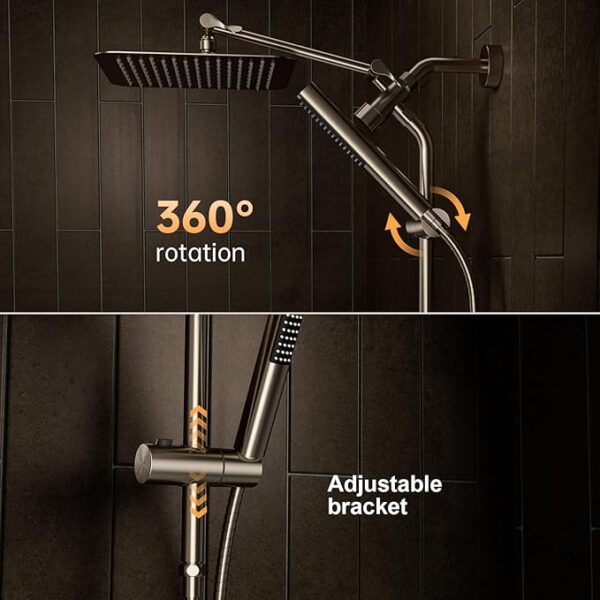 Veken Brushed Nickel Shower Head, 10'' All Metal Rain Shower Heads with Handheld Spray Combo, Hand Held Bathroom Combo with Extension Arm, Dual shower with Power Wash, Adjustable Rainfall Showerhead - Image 3