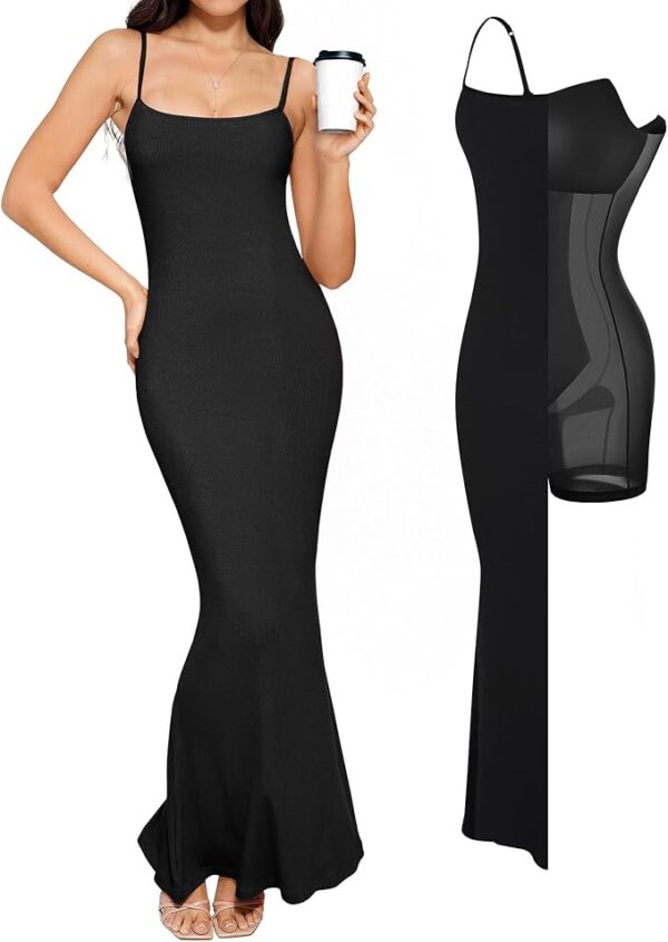 Popilush Summer Maxi Dress for Women - Cocktail Shapewear Dresses Built-in Bra Adjustable Straps Vacation Long Slip