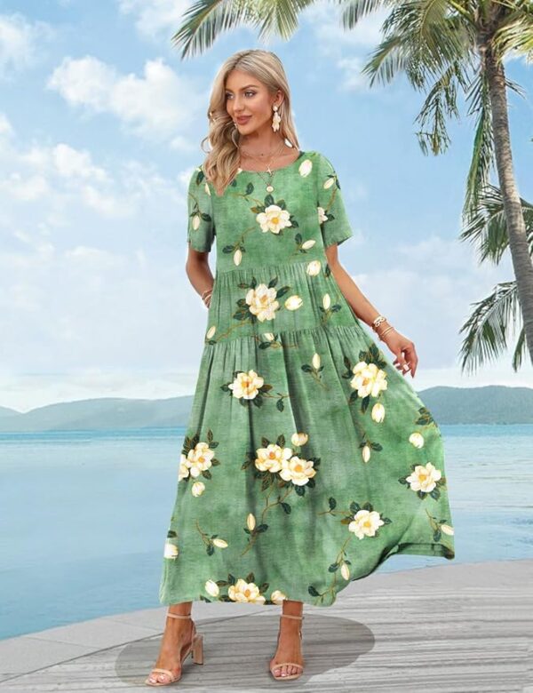 YESNO Women Casual Loose Bohemian Floral Dress with Pockets Short Sleeve Long Maxi Summer Beach Swing Dress EJF - Image 3
