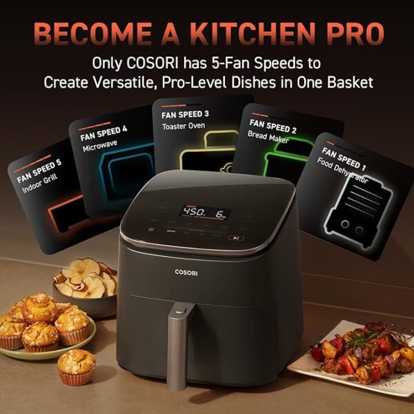 COSORI Air Fryer 9-in-1, Compact & Large 6-Qt, Fast Turbo Modes, 90°–450°F Even Results With Precise Temperature Control, Up to 95% Less Oil*, Roast, Bake, Dry, Reheat, Frozen, Broil, Proof, Grey - Image 6