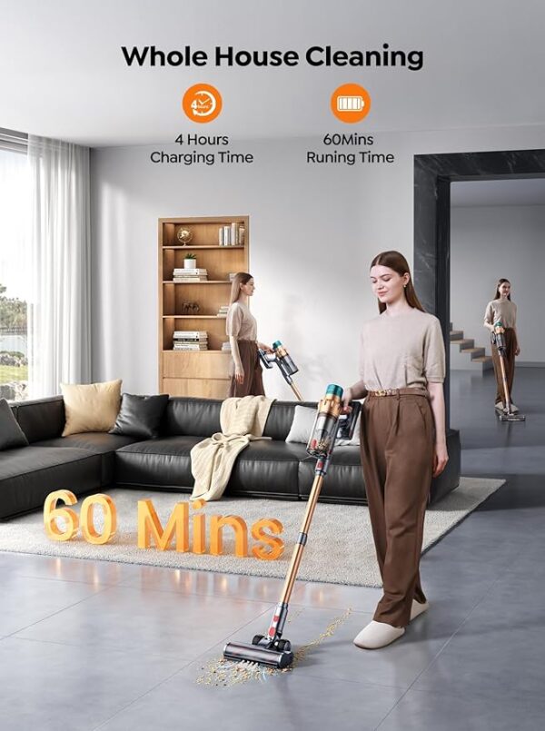 Cordless Vacuum Cleaner, 550W 45KPA 60 Mins Runtime Self-Standing Vacuum Cleaners for Home, Stick Vacuum with Charging Dock Station Removable Battery, Handheld Vacuum for Pet Hair/Carpet/Floor - Image 6