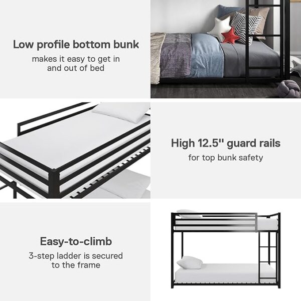 DHP Miles Low Metal Bunk Bed Frame for Kids, With Built-in Ladder, High Guardrail and Metal Slats, Floor Bed Bottom Bunk, No Boxspring Required, For Small Spaces, Twin-Over-Twin, Black - Image 3