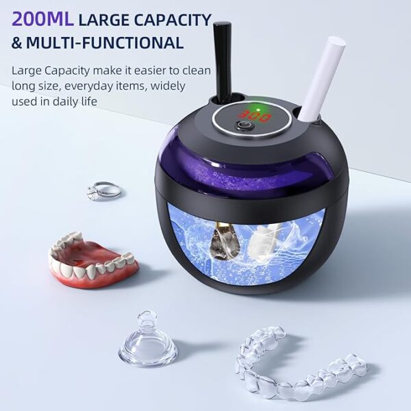 Ultrasonic Retainer Cleaner, Retainer Cleaner Machine for Dentures, Mouth Guards, Braces, Toothbrush Heads, Jewelry with 200ML Capacity, 45kHz Retainer Cleaning, 4 Modes for All Dental Appliances - Image 2
