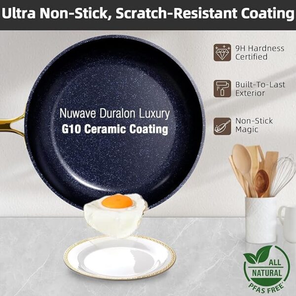 Nuwave Healthy Duralon Blue Ceramic Nonstick Cookware Set, Diamond Infused Scratch-Resistant, PFAS Free, Dishwasher & Oven Safe, Induction Ready & Evenly Heats, Tempered Glass Lids & Stay-Cool Handles - Image 5